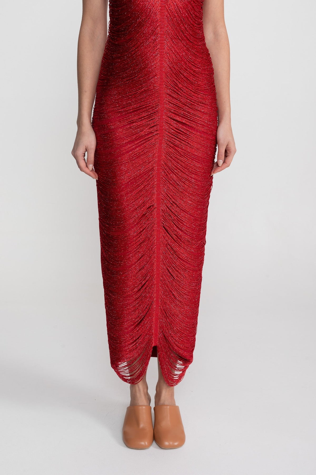 Halter Neck Midi Dress With All-Over Pleated Texture - Red