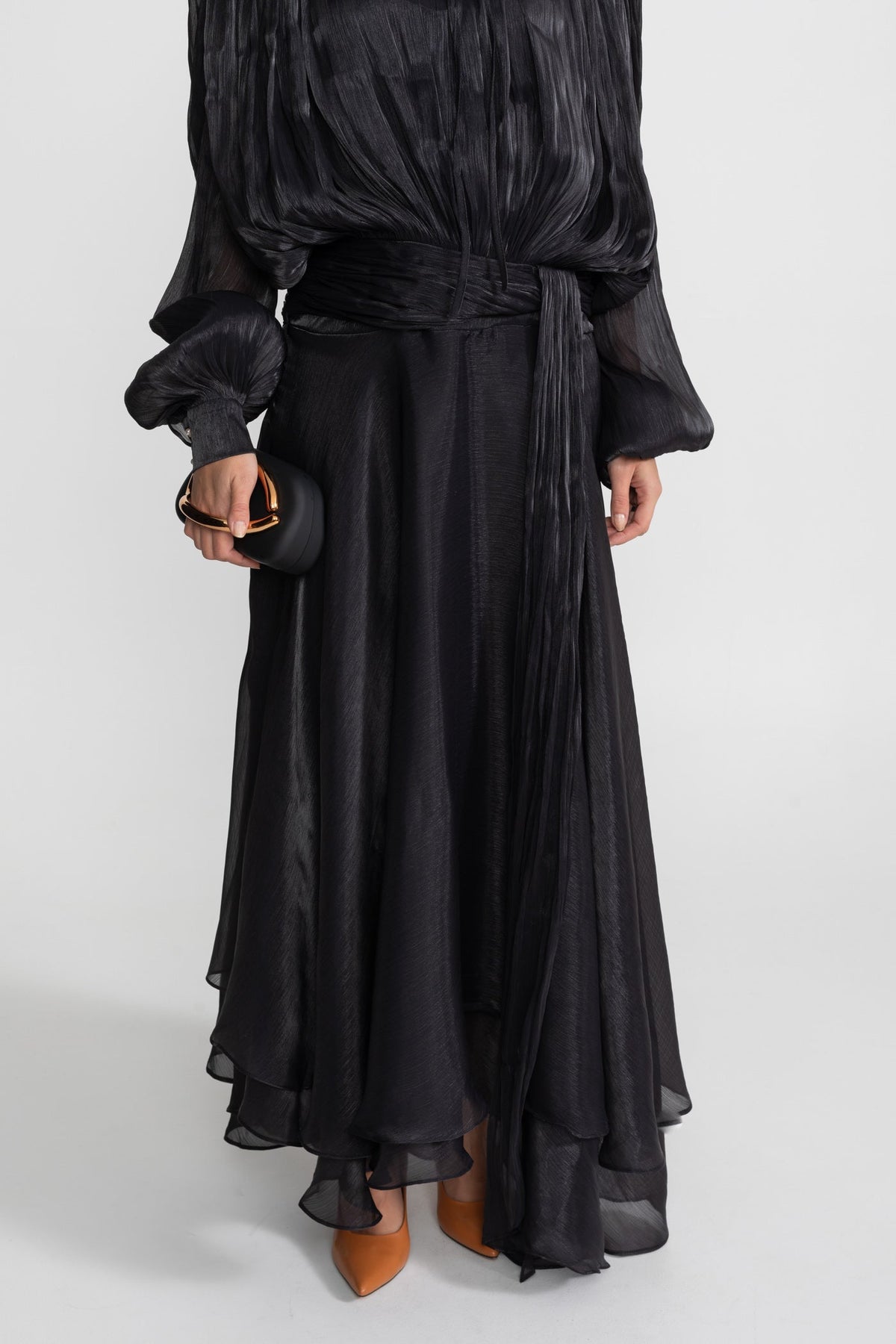 Maxi Dress with Pleated Bodice and Draped Skirt - Black