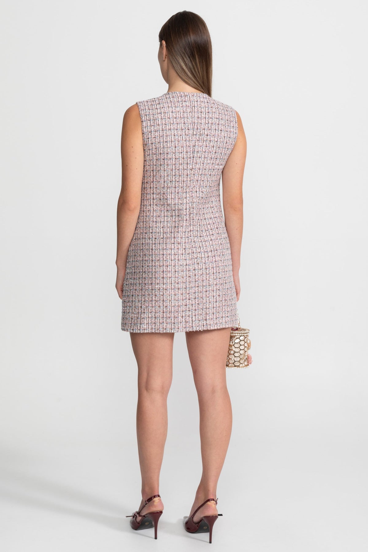 Arianna Pink Sleeveless Tweed Mini Dress