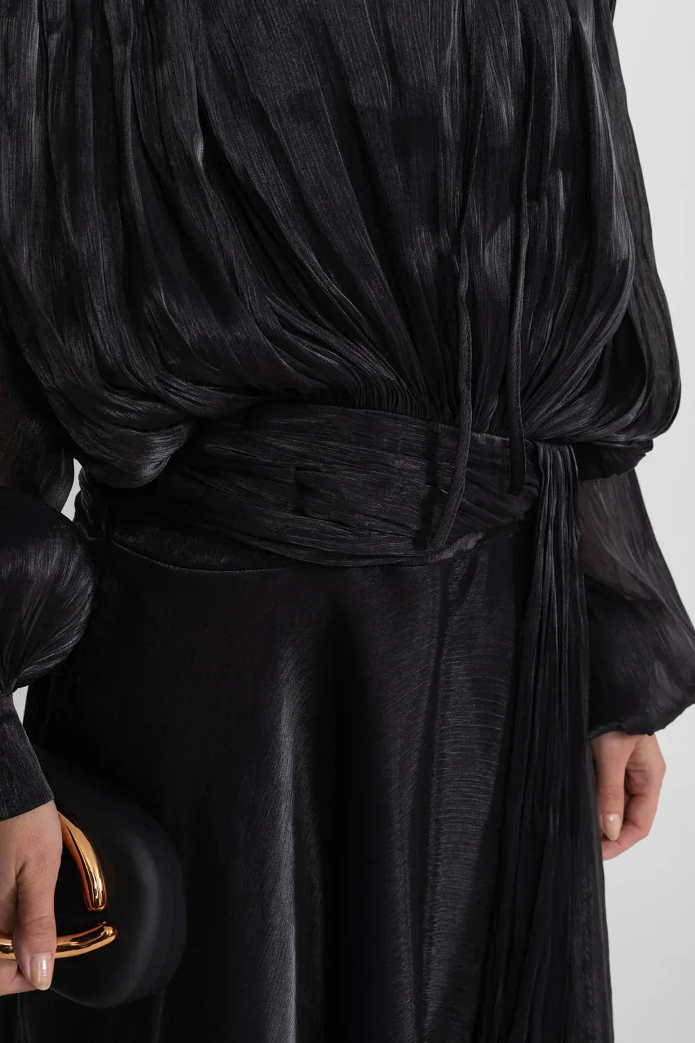 Draped Long-Sleeve Maxi Dress with Gathered Waist – Black