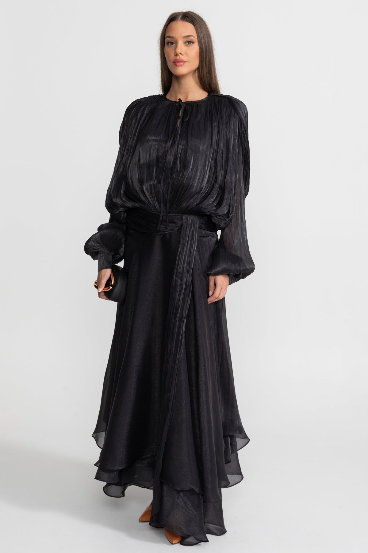 Maxi Dress with Pleated Bodice and Draped Skirt - Black