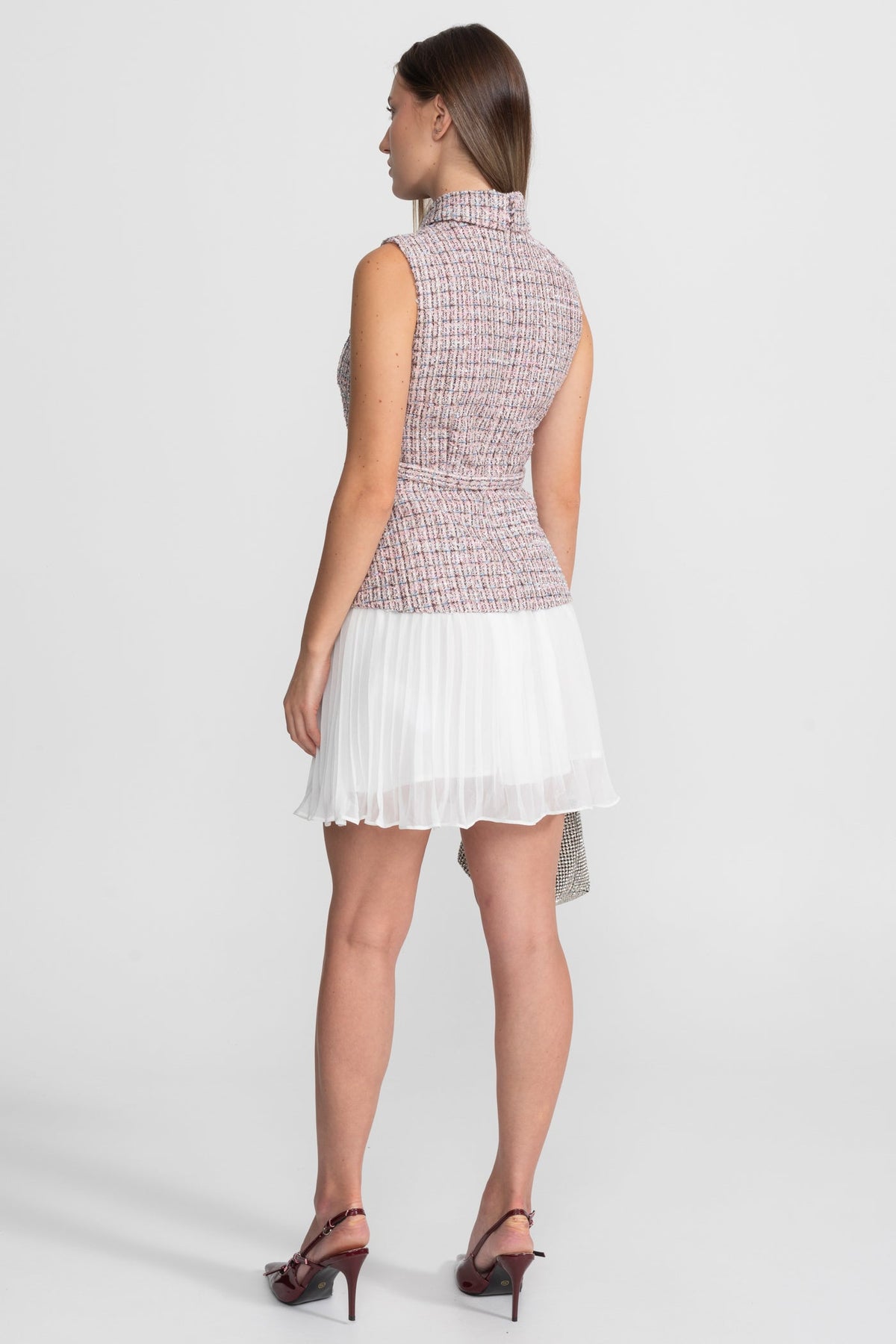 Ondine Pink/White Tweed Vest Dress with Pleated Skirt Detail