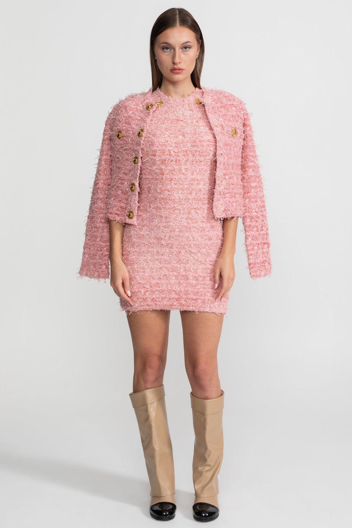 Viola Pink Textured Tweed Jacket With Gold Button Embellishments