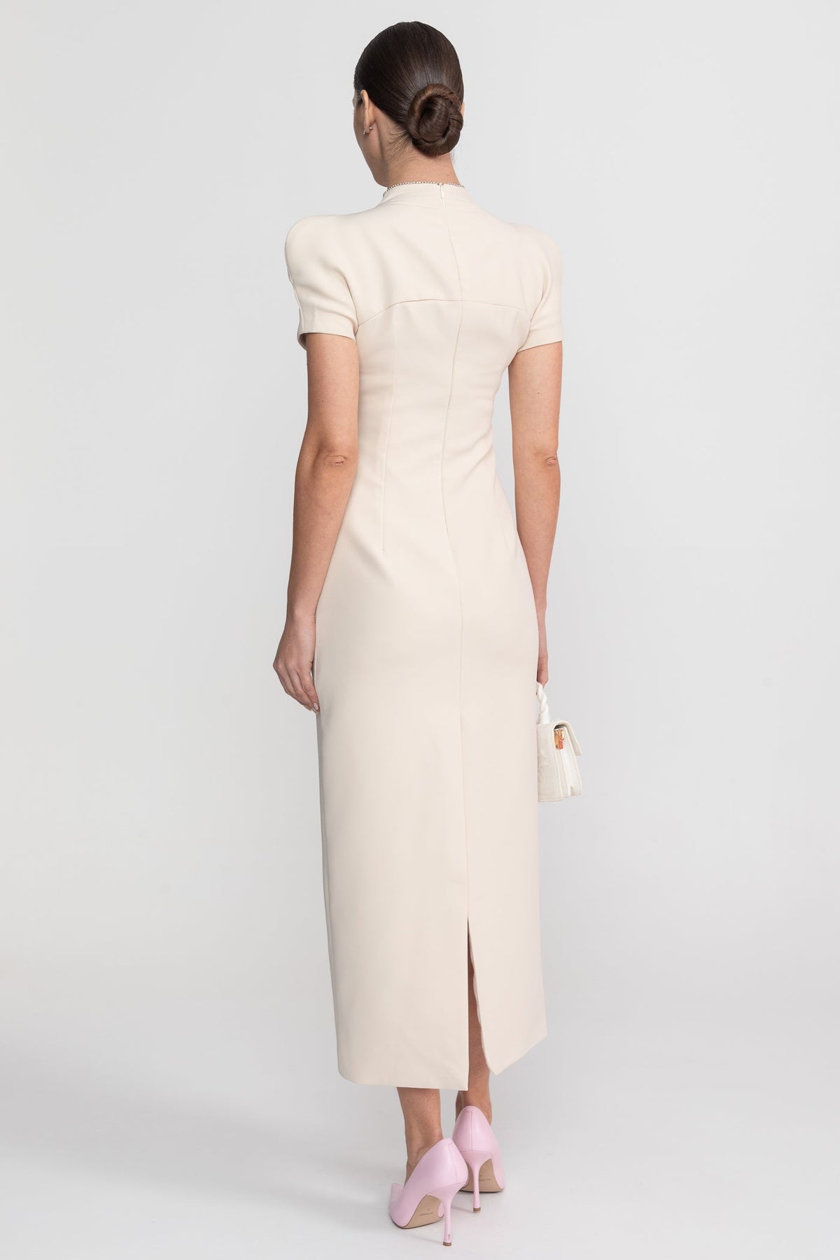 Short Sleeve Midi Dress With High Split Neckline And Sparkling Embellishments - Ivoire