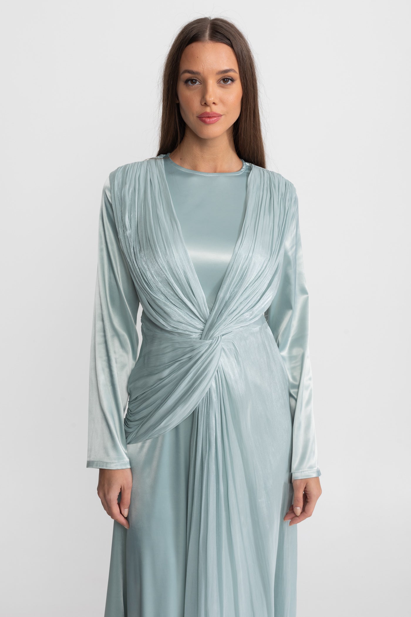 Satin Midi Dress with Draped Overlay and Knot Detail - Teal