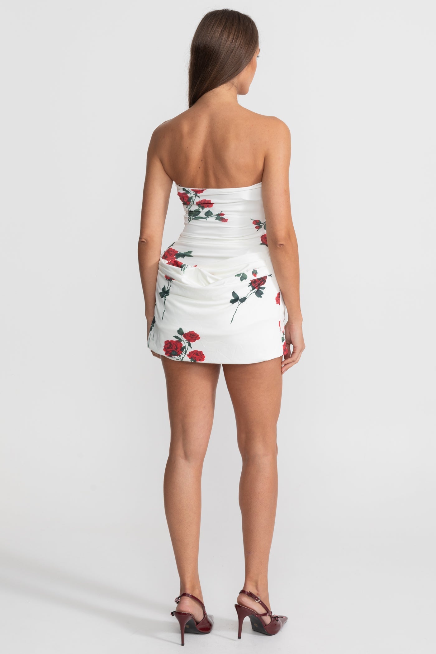 Strapless Floral Mini Dress with Draped Skirt - White