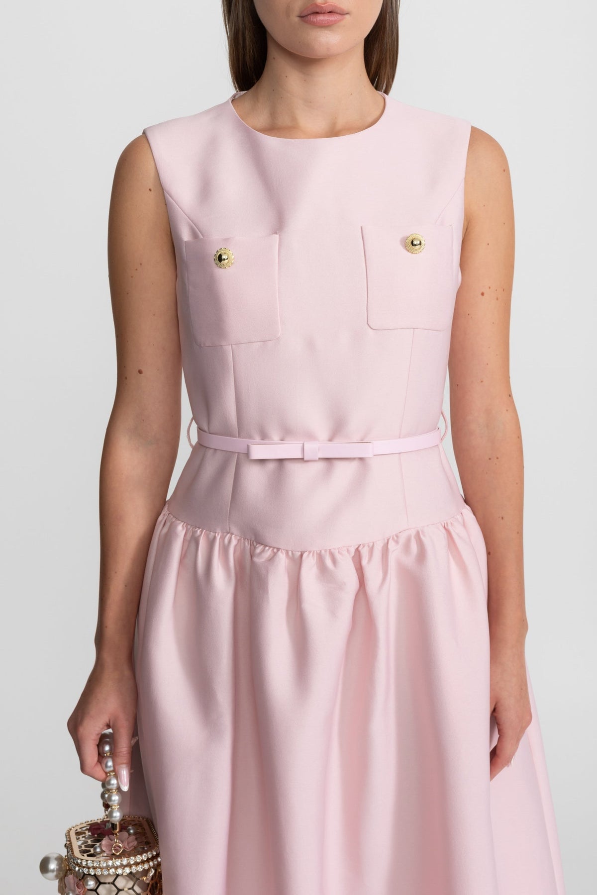 Sleeveless Midi Dress With Belted Waist And Front Pockets – Blush Pink