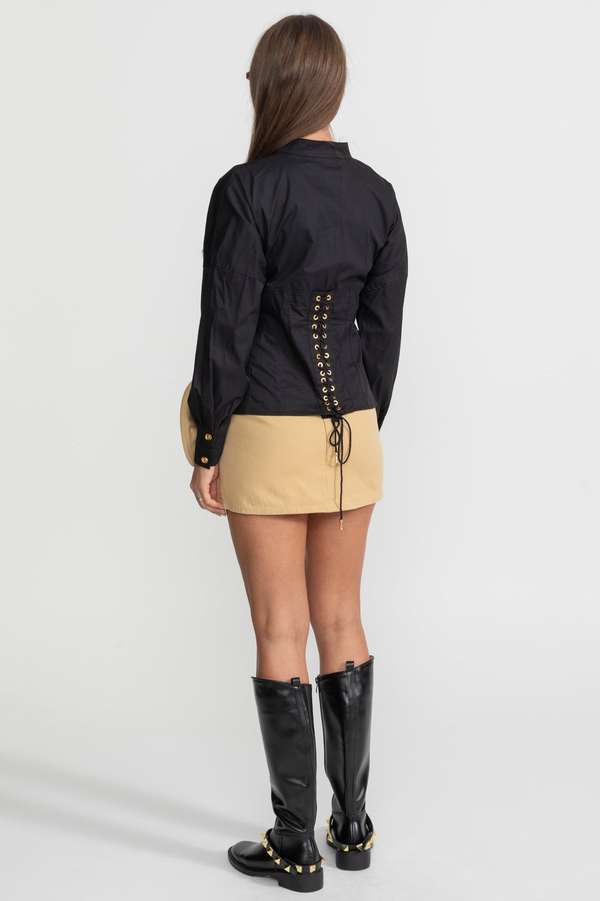 Structured Cotton Poplin Shirt With Corset Stitch Detailing – Black