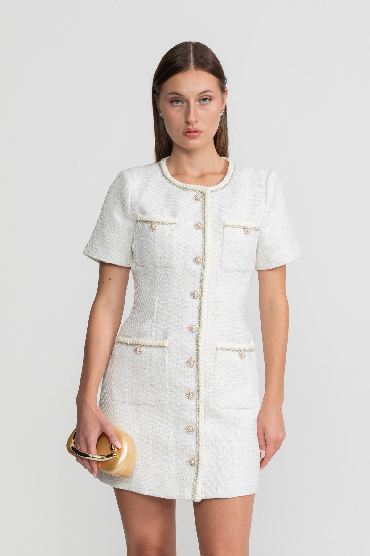 Tweed Mini Dress with Pearl Detailing – White