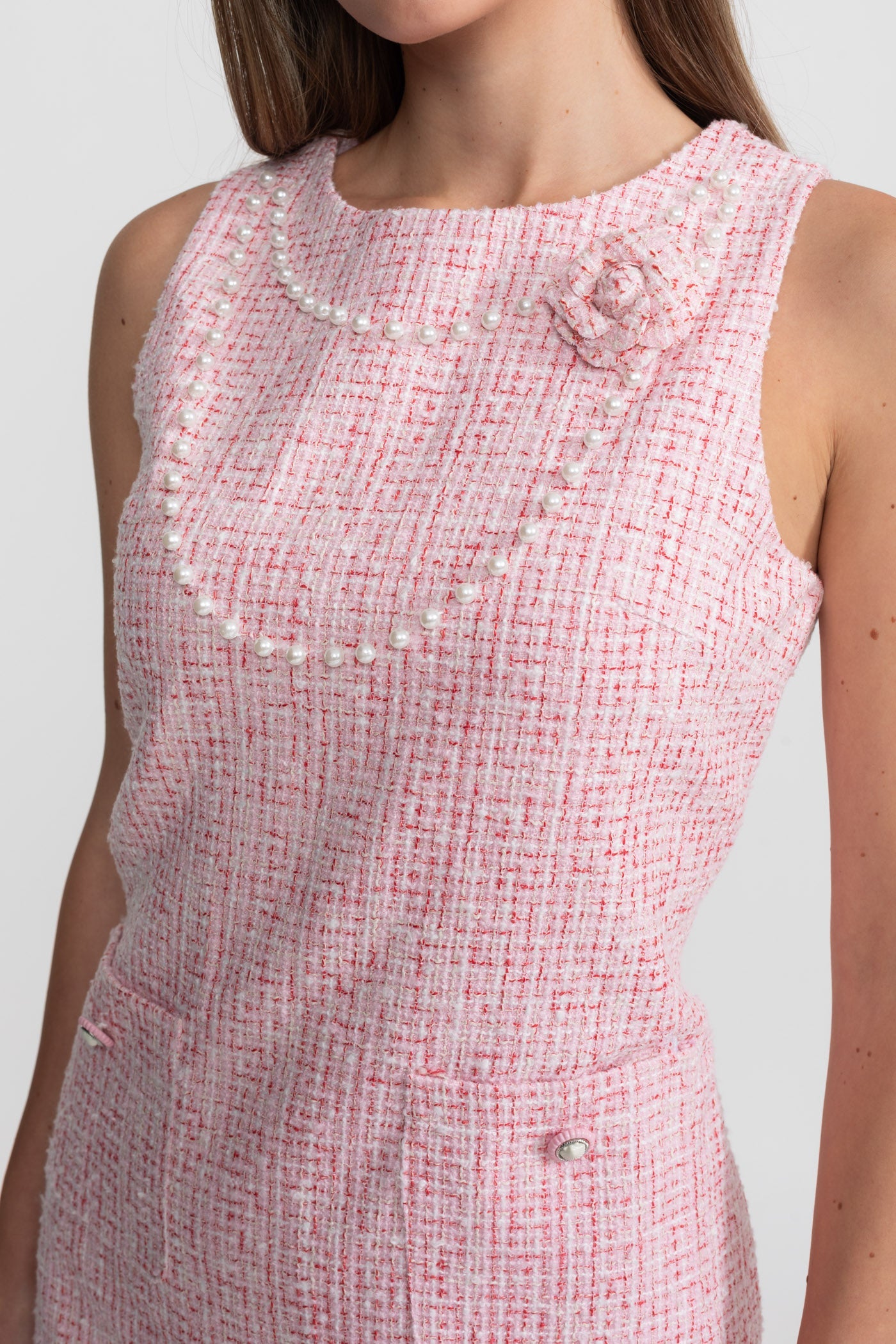 Sleeveless Tweed Mini Dress With Pearl Trim – Pink