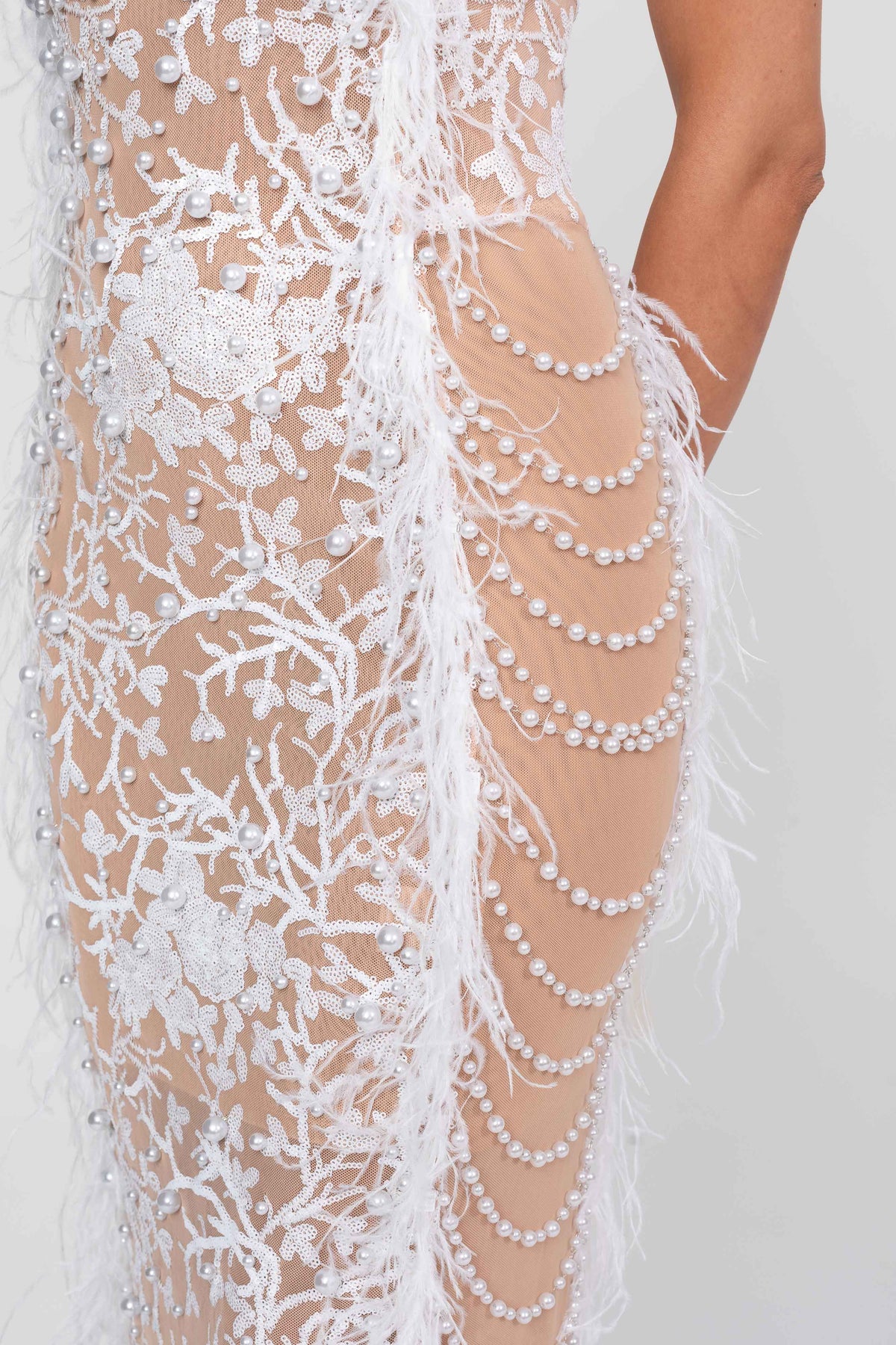 Feather Trim Beaded Lace Gown With Pearl Straps - White