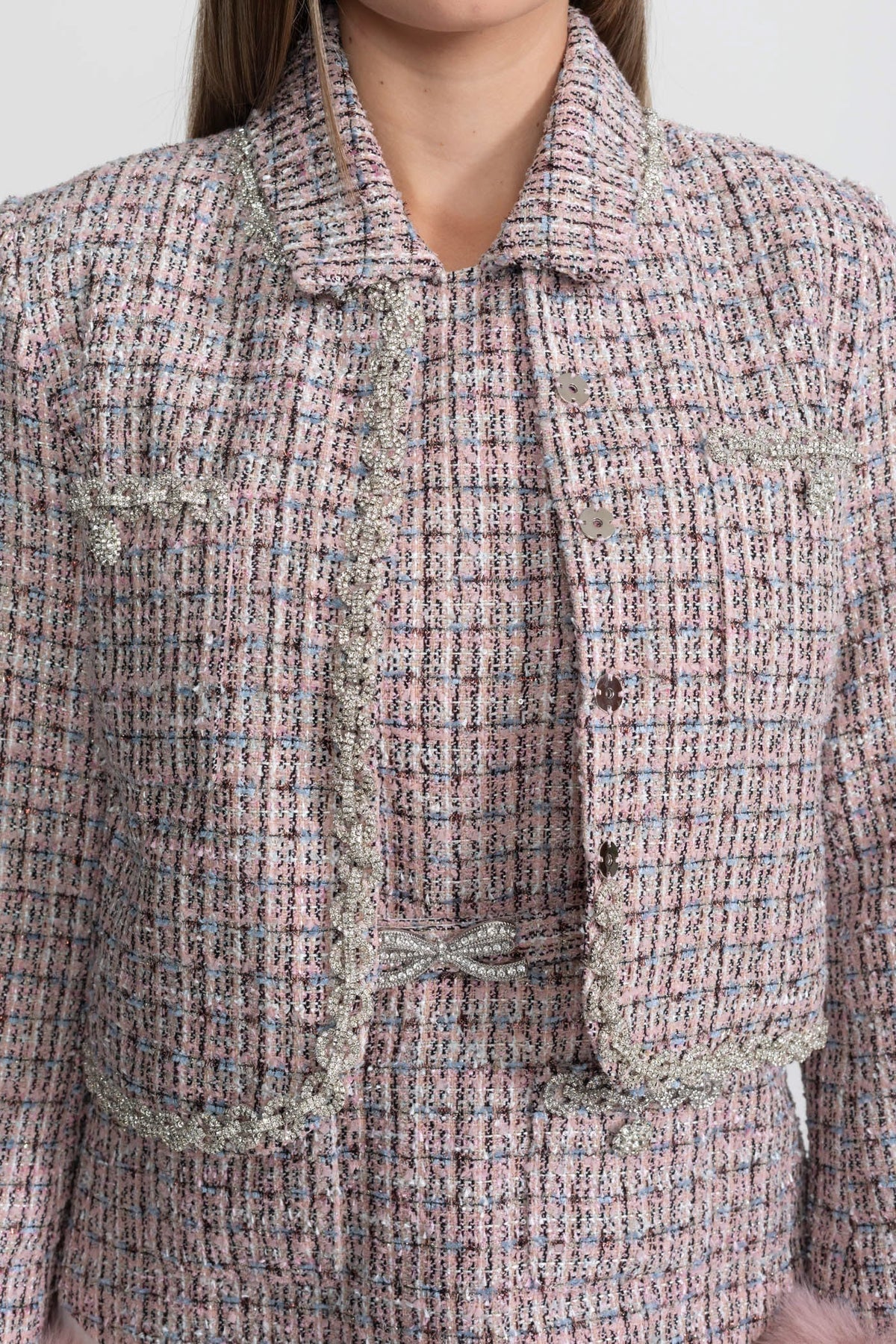 Charline Pink Tweed Cropped Jacket with Faux Fur Cuffs