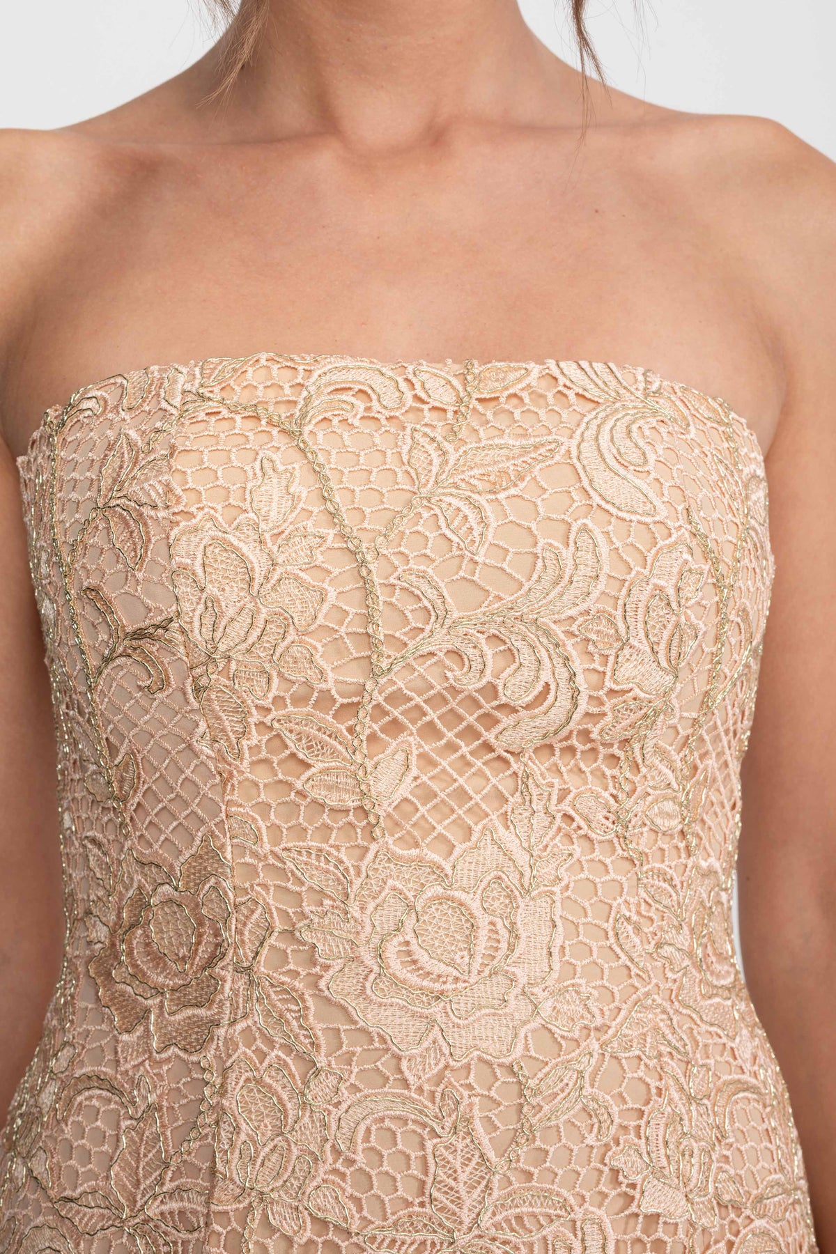 Strapless Floral Lace Ballgown With Full A-Line Skirt - Gold