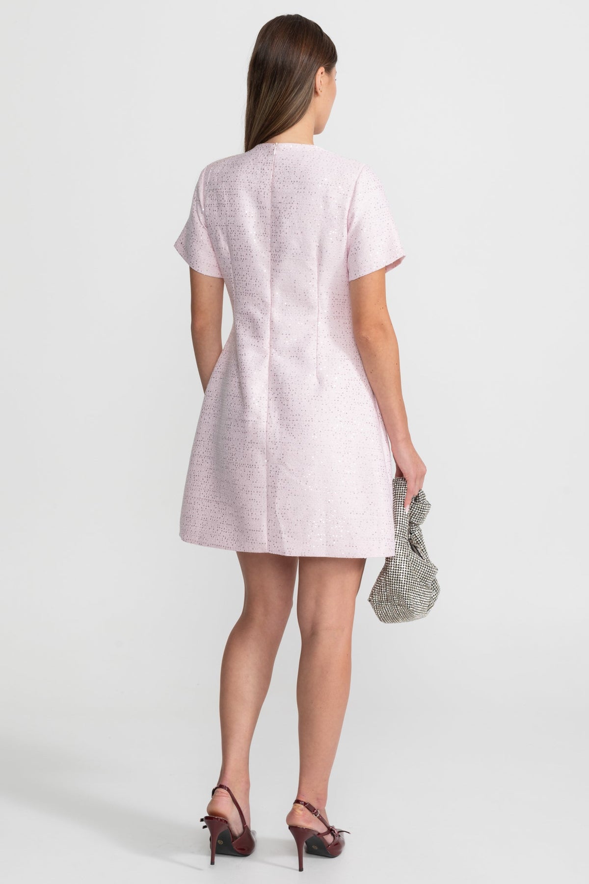 Sequin Mini Dress with Crystal Bow Accents - Pink