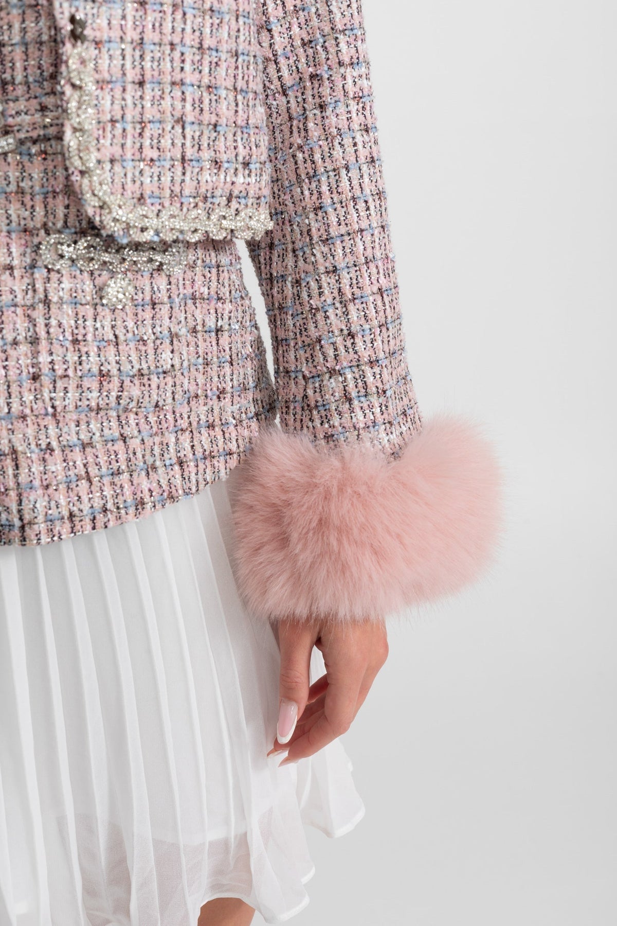 Charline Pink Tweed Cropped Jacket with Faux Fur Cuffs