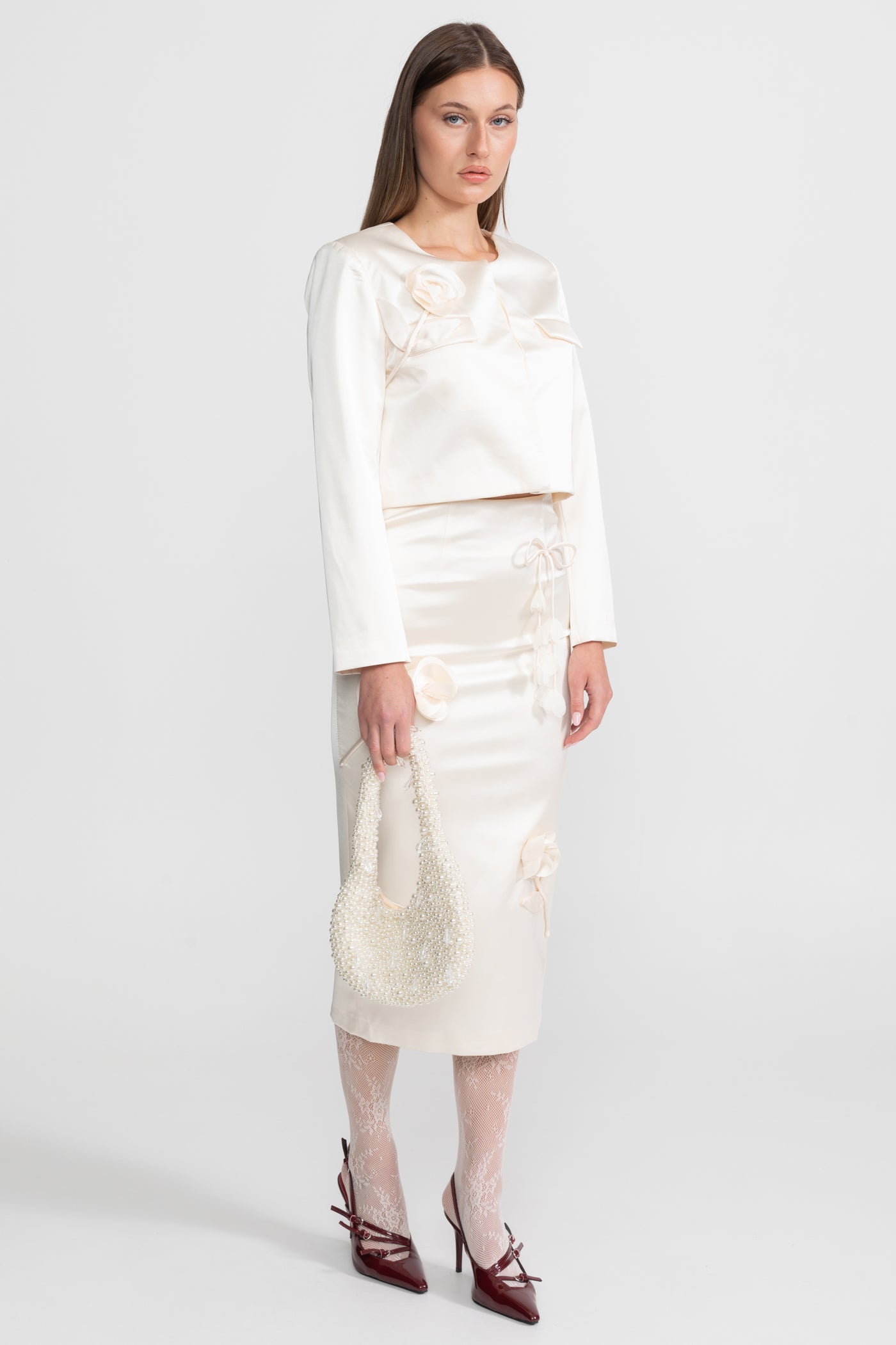 Taffeta Pencil Skirt with Bow and Floral Details - Ivoire