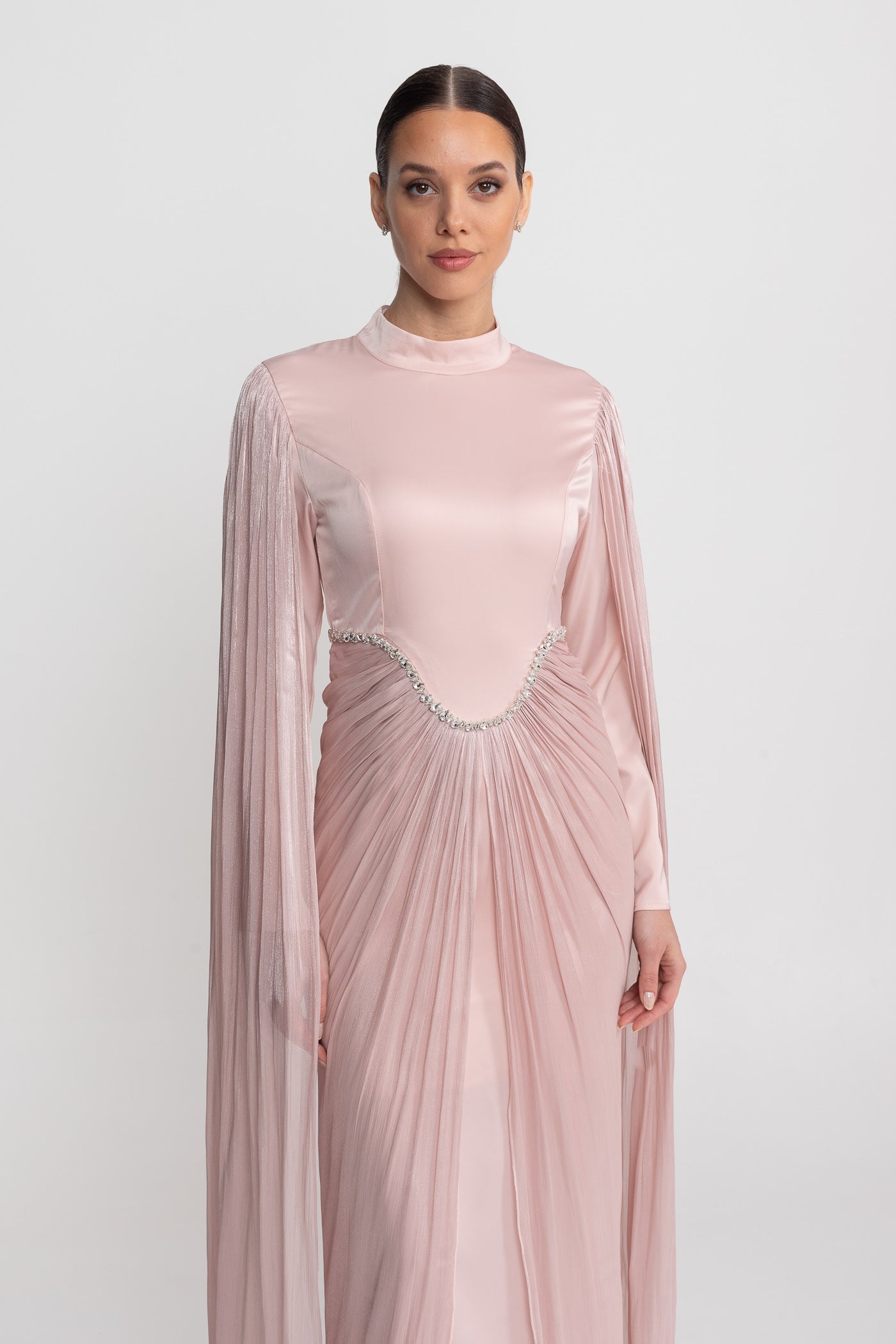 Long Sleeve Maxi Dress With Draped Overlay And Crystal Waist Trim - Blush Pink