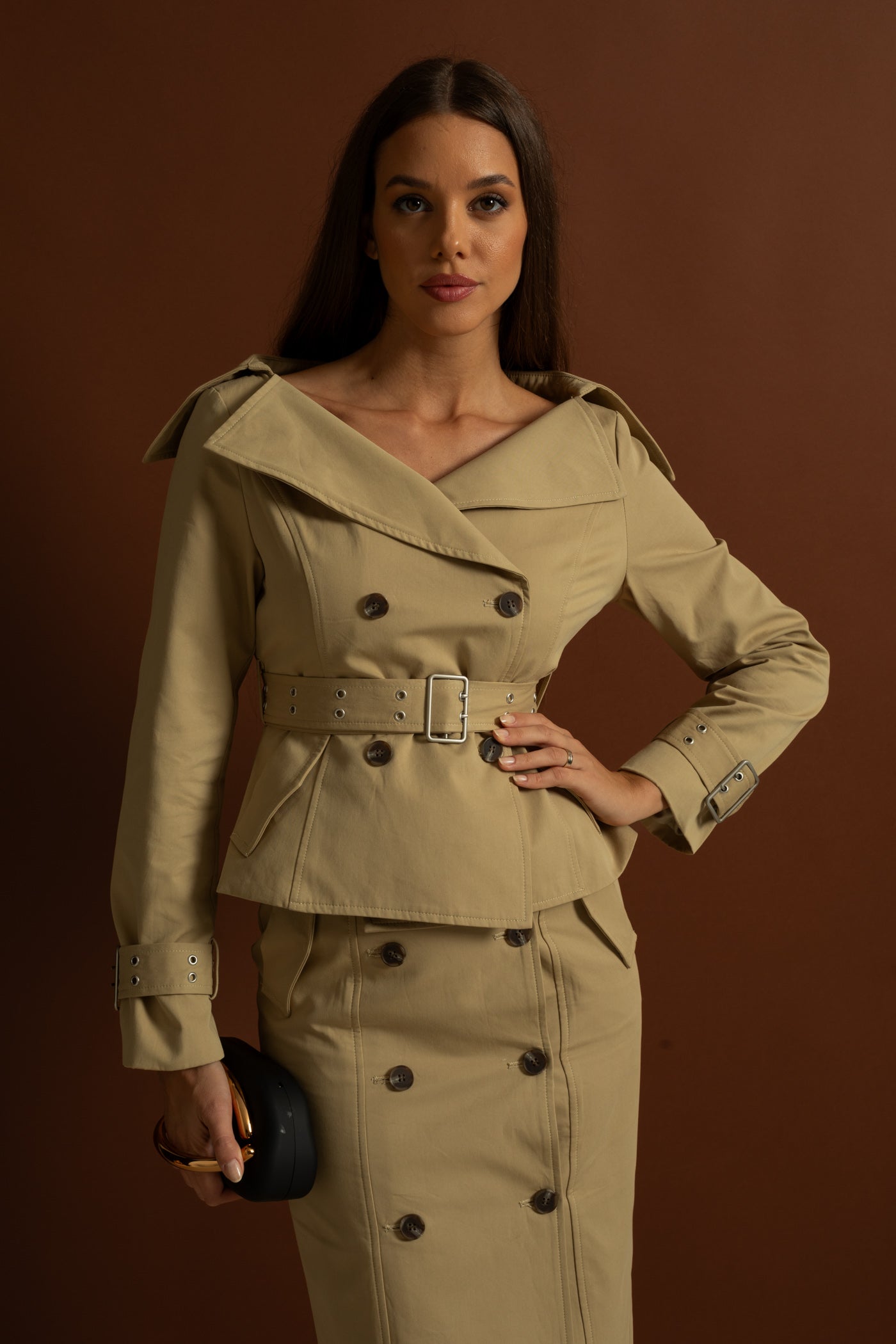 Off-Shoulder Peplum Trench Jacket and Pencil Skirt Co-Ord Set – Khaki