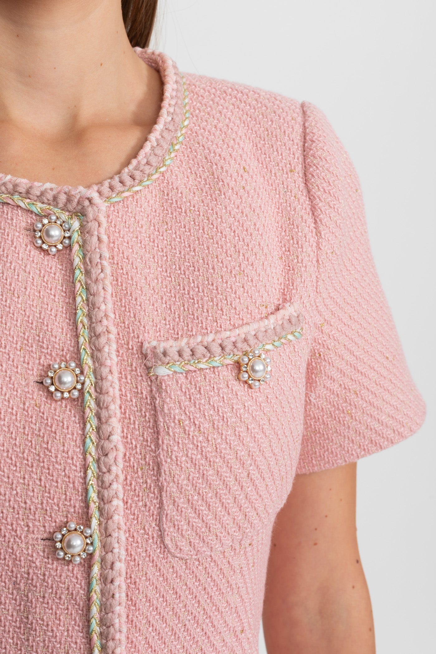 Short Sleeve Tweed Mini Dress With Pearl Buttons – Blush Pink