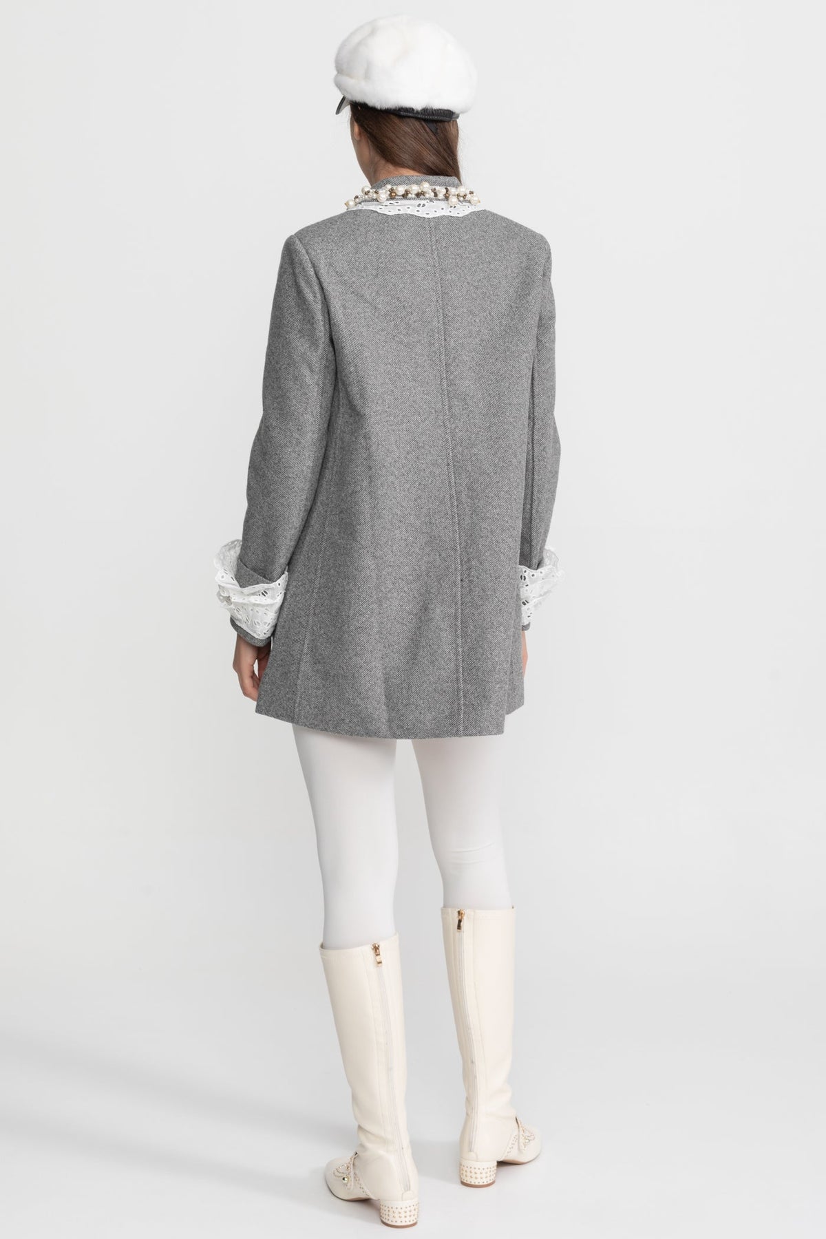 Mini Coat with Pearl-Embellished Lace Collar – Grey