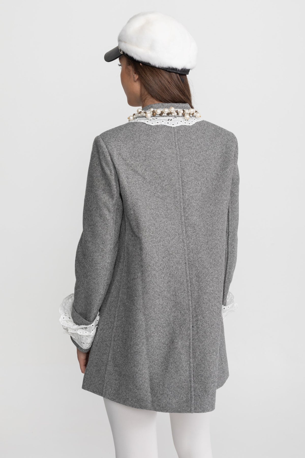 Mini Coat with Pearl-Embellished Lace Collar – Grey