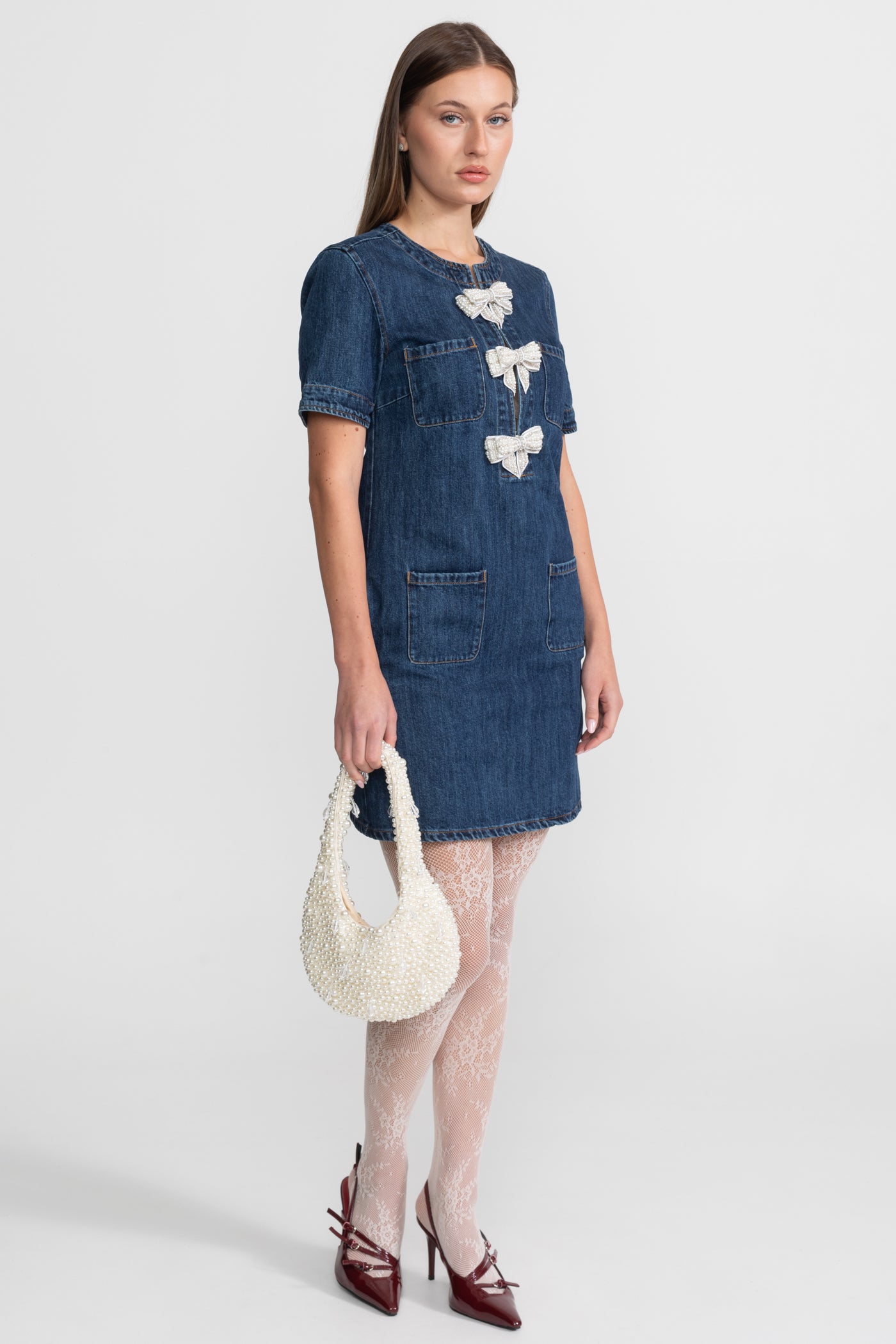 Embellished Denim Mini Dress With Sparkling Bows – Dark Blue