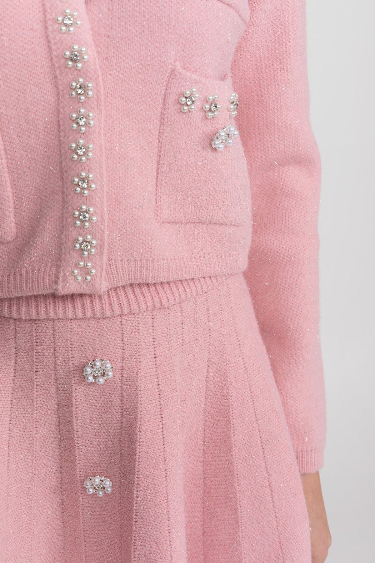 Delphine Blush Pink Knit Co-Ord Set With Long Sleeve Cardigan And Matching Mini Skirt