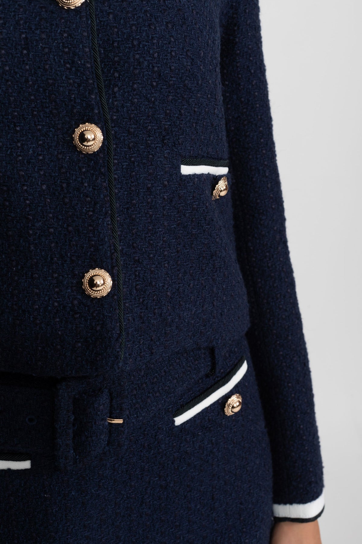 Berenice Navy Tweed Cropped Jacket with Contrast Collar