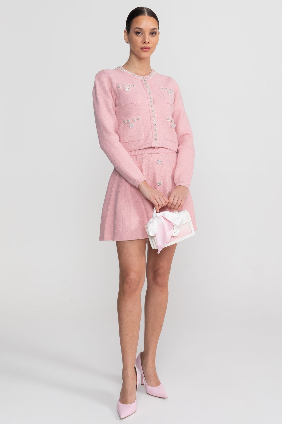 Delphine Blush Pink Knit Co-Ord Set With Long Sleeve Cardigan And Matching Mini Skirt