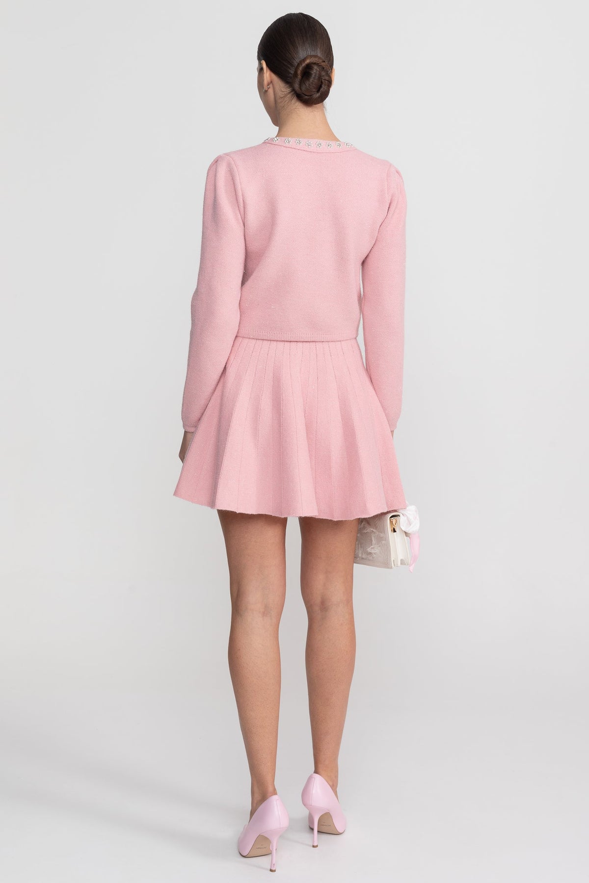 Delphine Blush Pink Knit Co-Ord Set With Long Sleeve Cardigan And Matching Mini Skirt