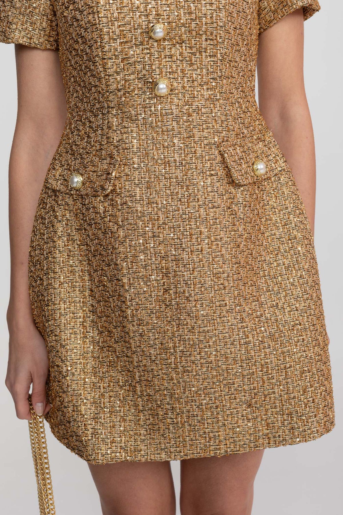 Laurentine Gold Tweed Mini Dress With Round Neckline And Pearl Button Detail