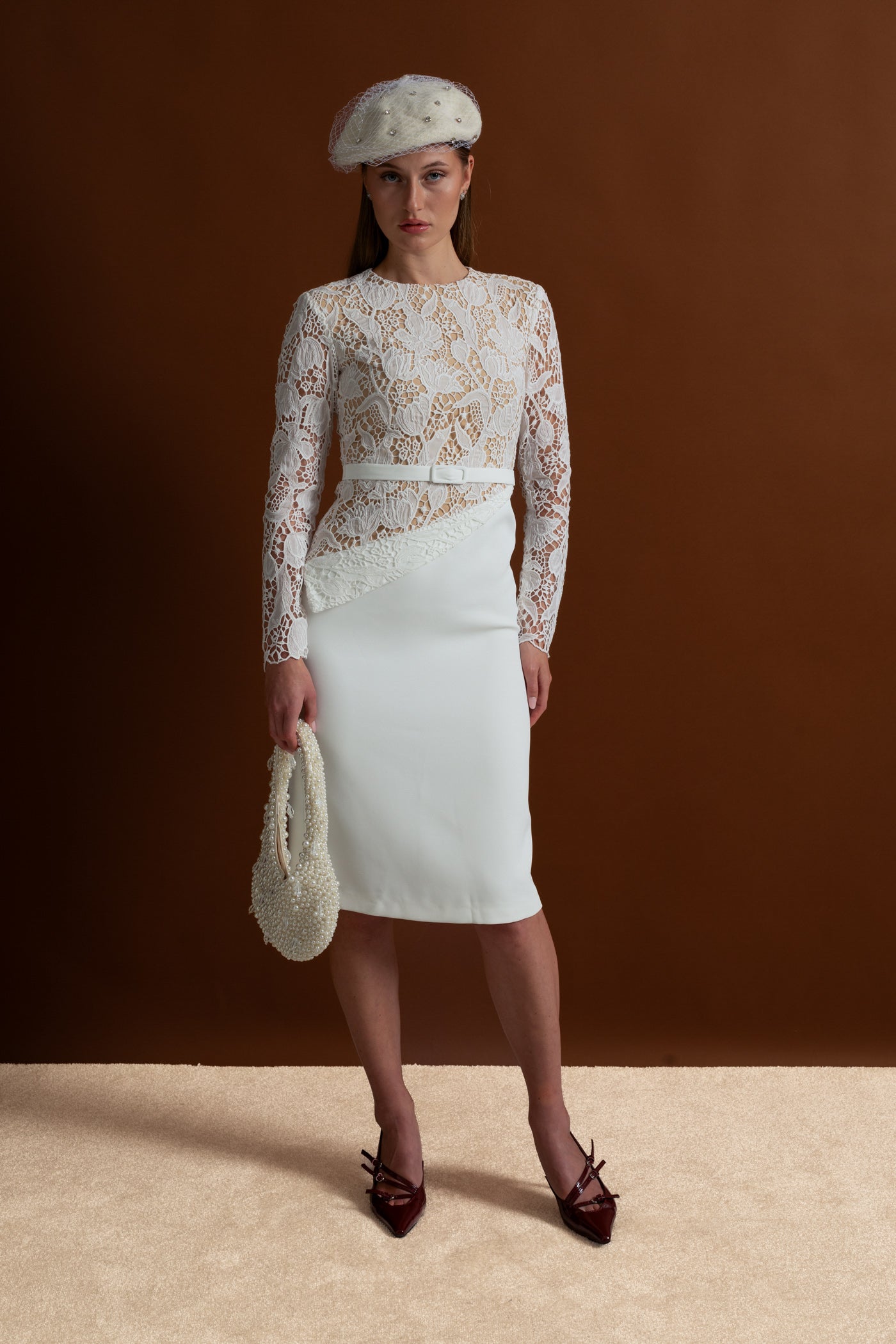 Elegant Midi Dress With Sheer Lace Bodice – White