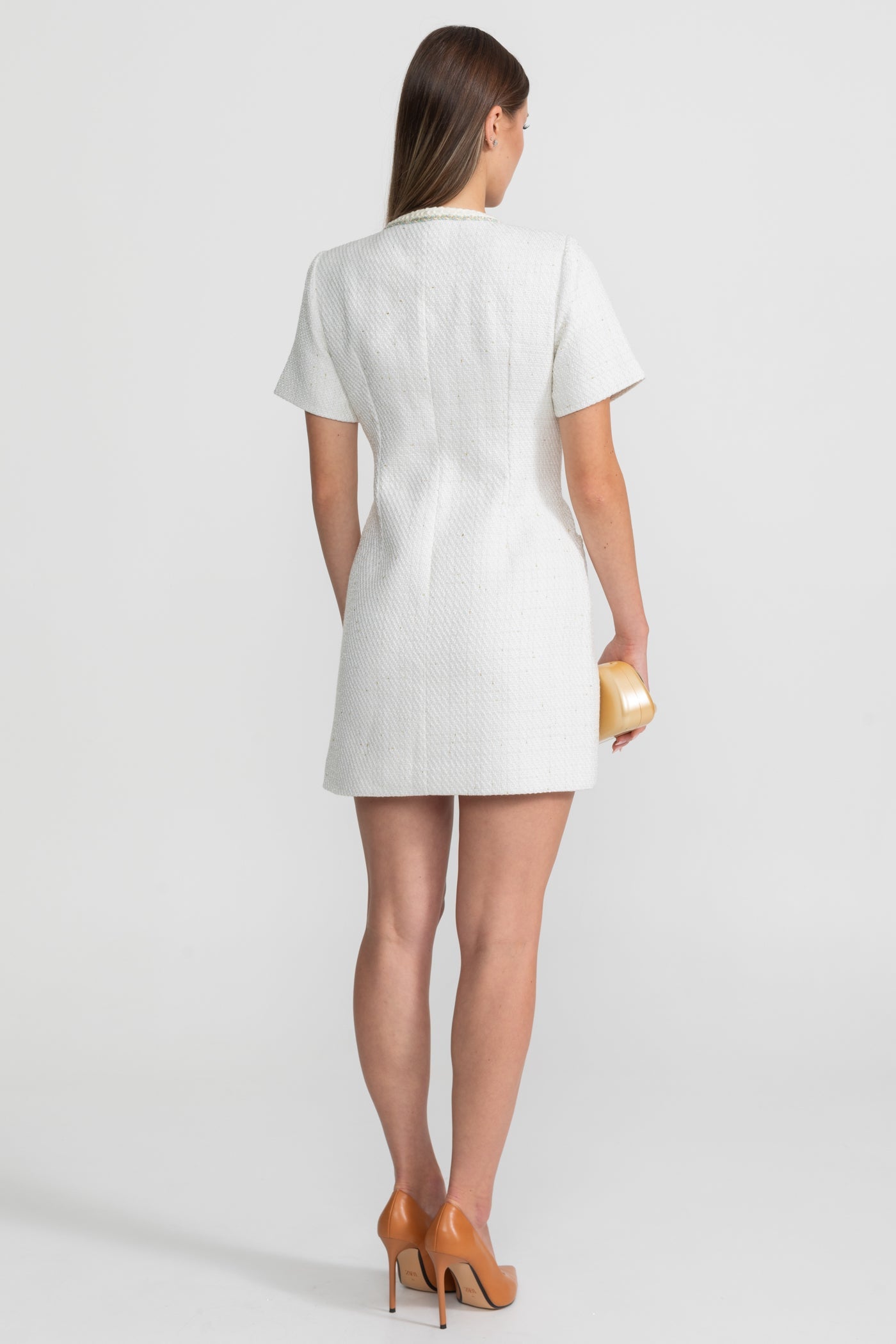 Tweed Mini Dress with Pearl Detailing – White