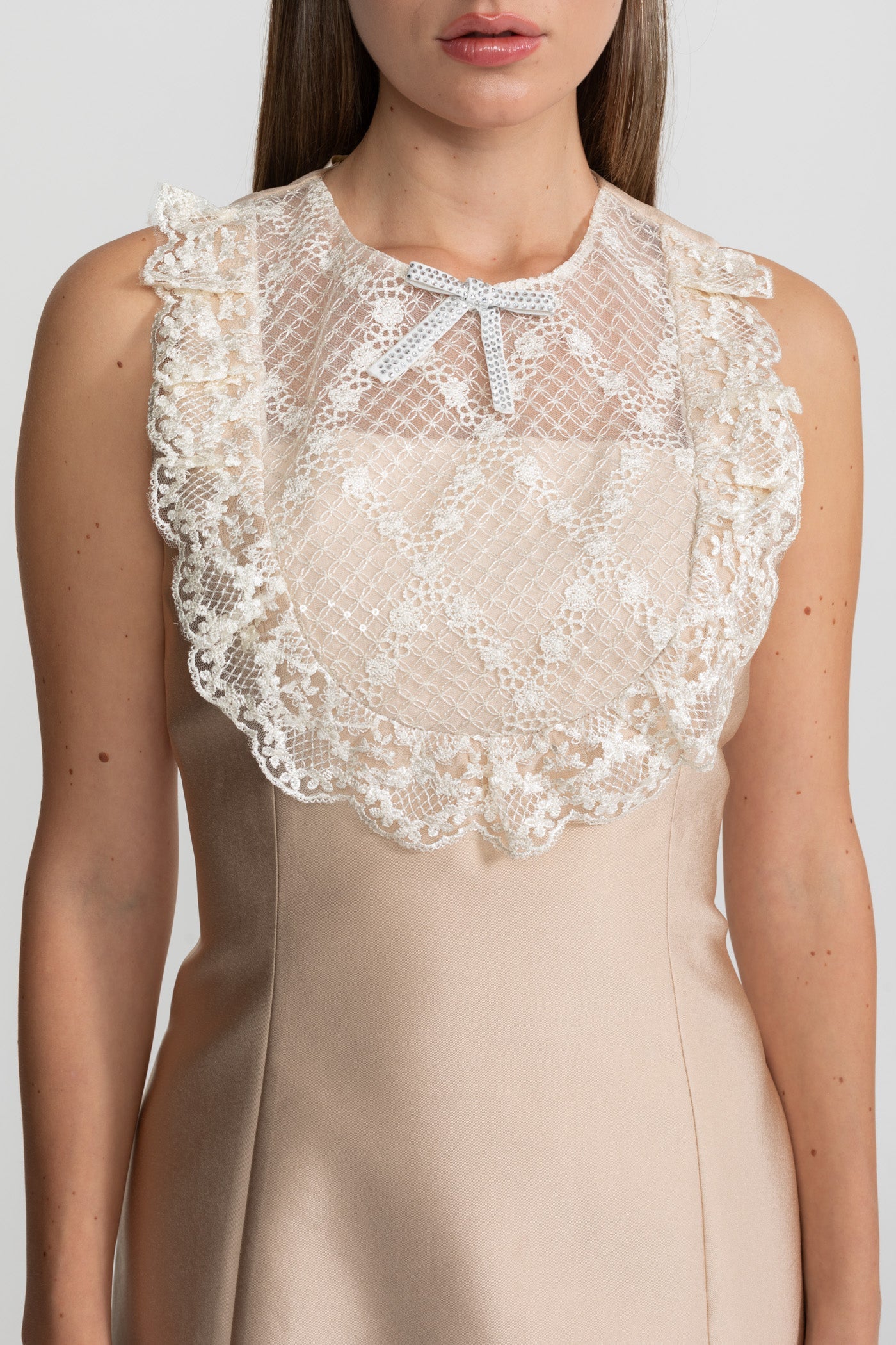 Lace Bib Detail Mini Dress – Nude