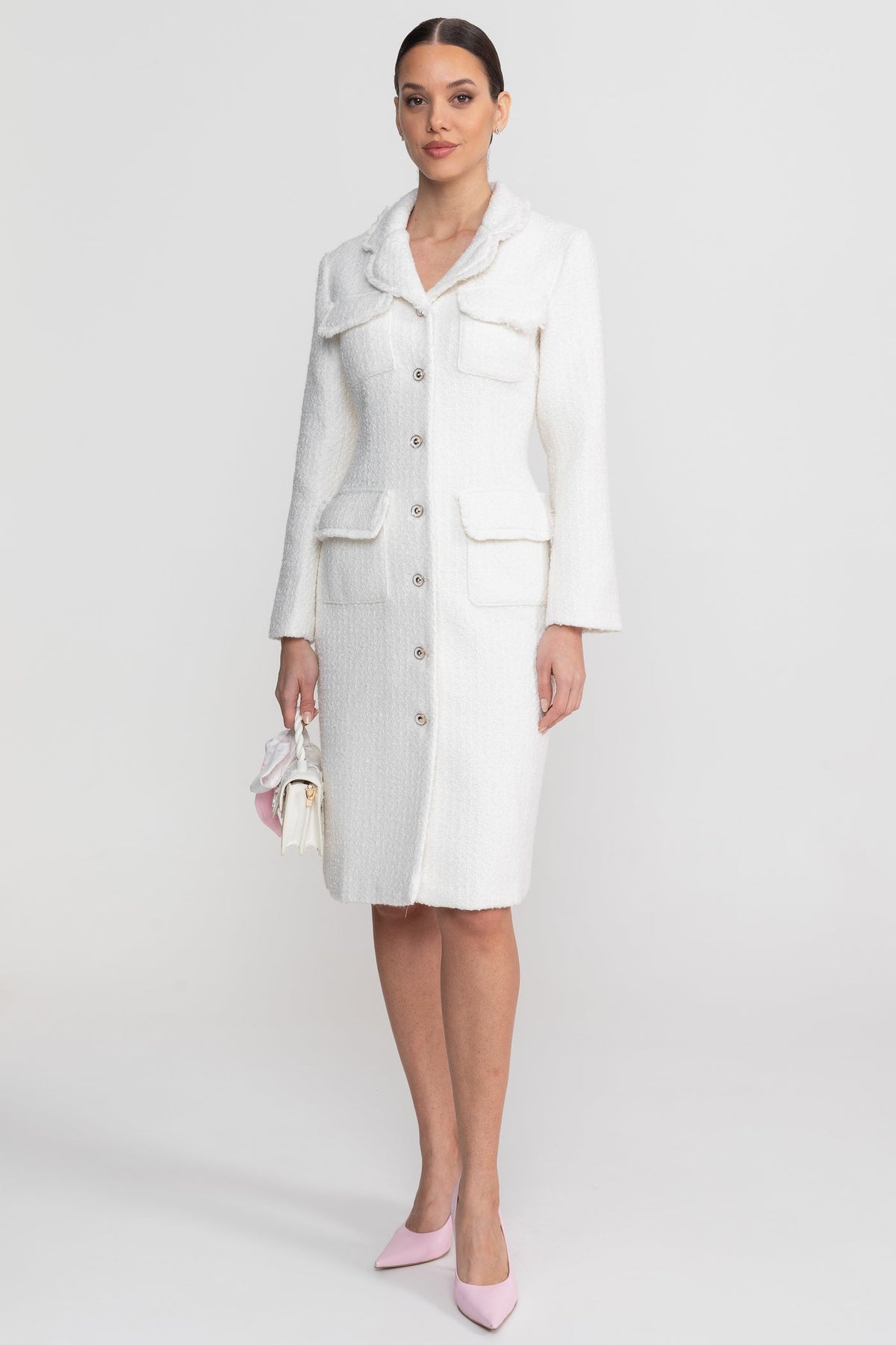 Bouclé Coat With Notched Collar And Button-Through Front - White