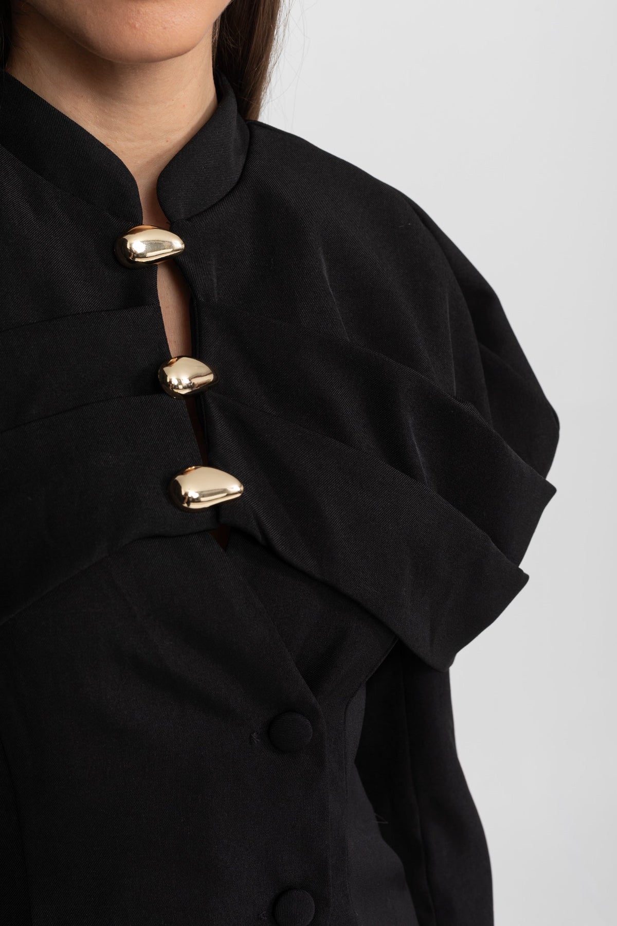 Tailored Blazer with Sculptural Cape Overlay and Gold Buttons – Black