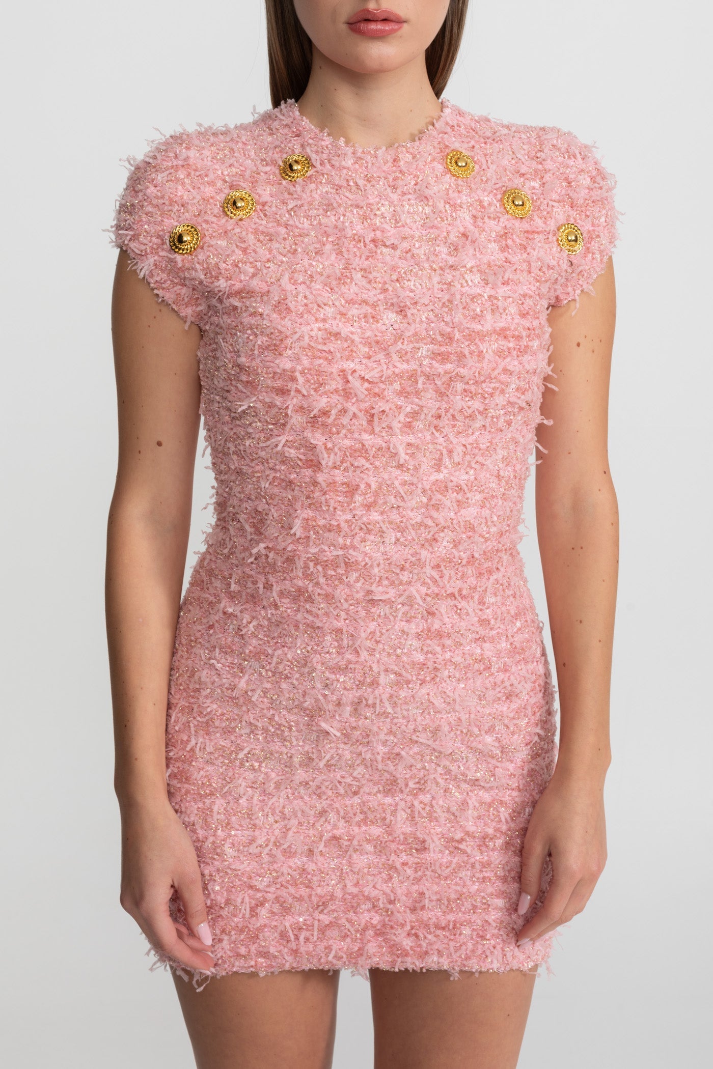 Textured Tweed Mini Dress With Gold Button Embellishments – Pink