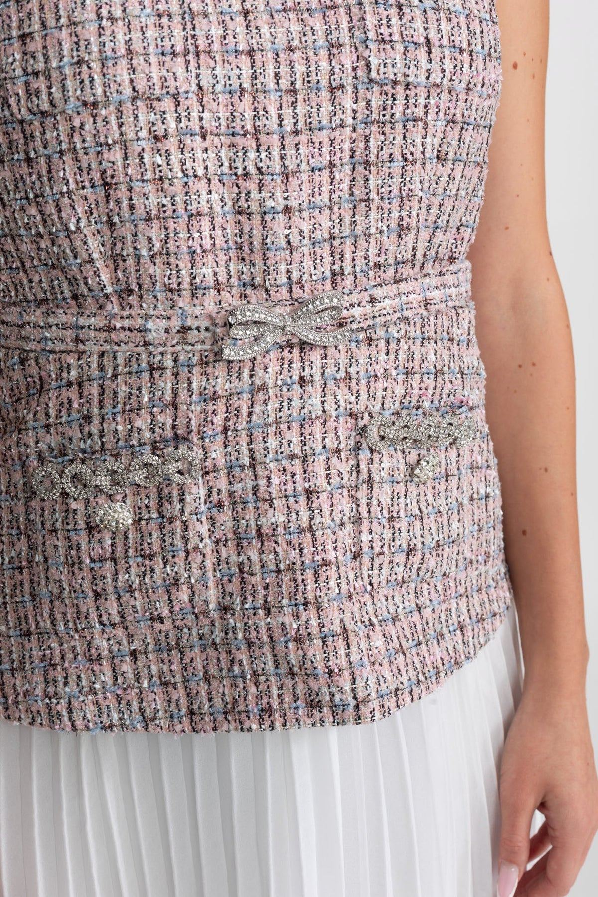 Ondine Pink/White Tweed Vest Dress with Pleated Skirt Detail