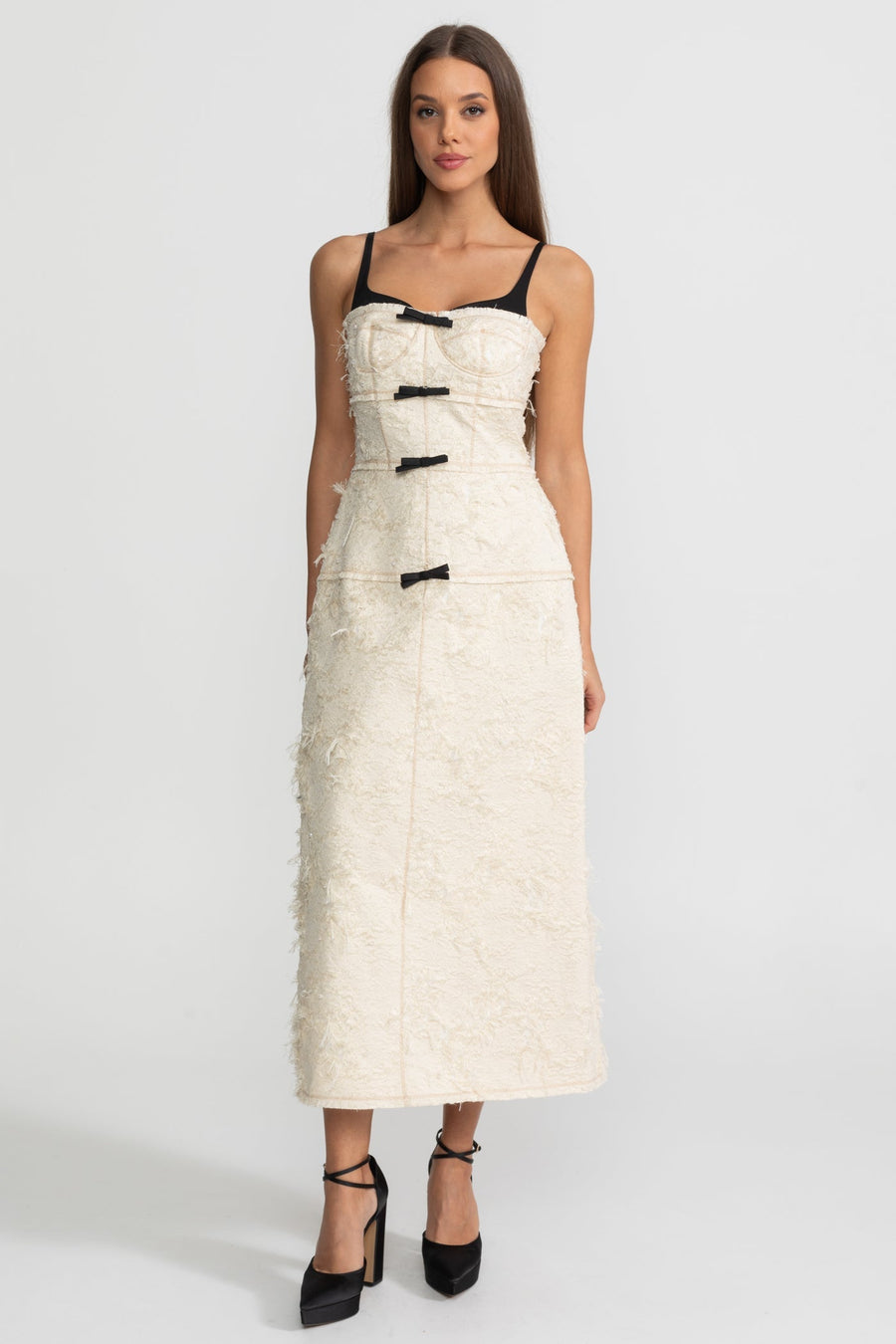 Anneliese Ivoire Textured Tweed Midi Dress With Contrast Straps and Bow Detailing
