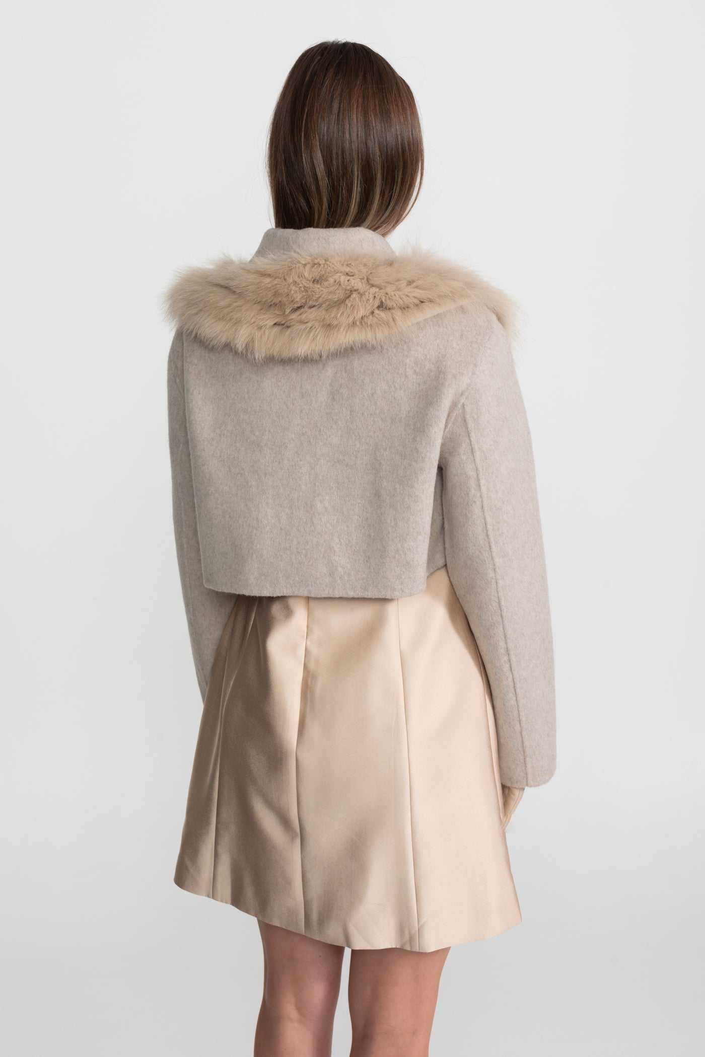 Wool Cropped Jacket with Fox Fur Collar – Taupe