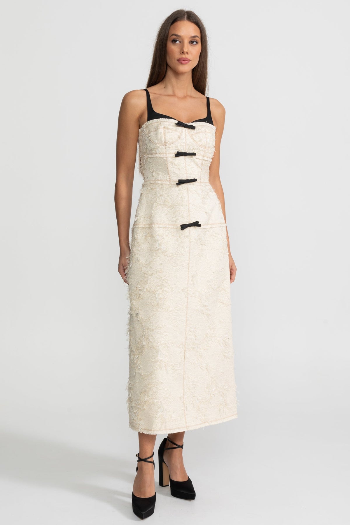 Anneliese Ivoire Textured Tweed Midi Dress With Contrast Straps and Bow Detailing
