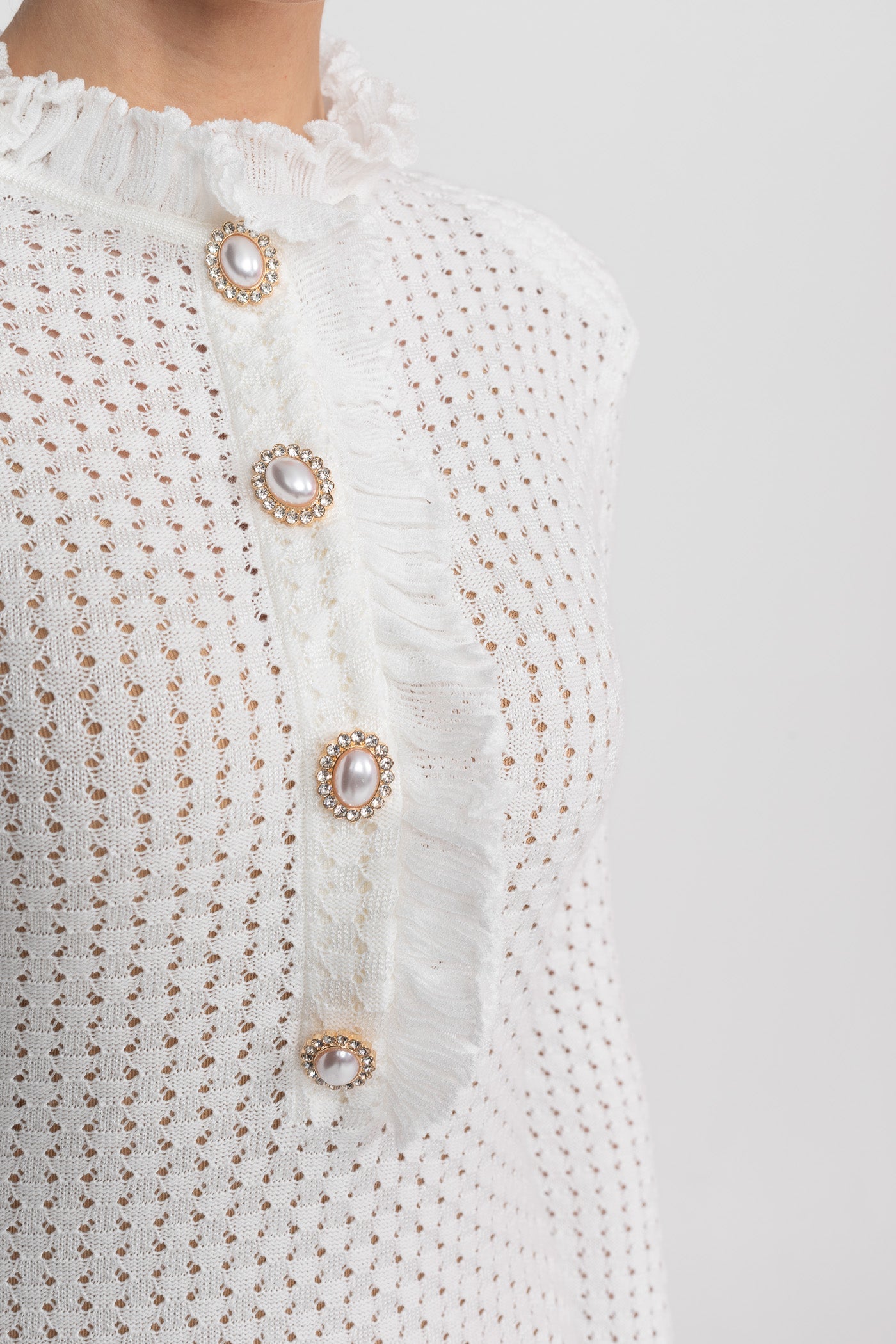 Jacqueline White Open-Knit Mini Dress With Ruffle High Neck And Pearl Button Placket