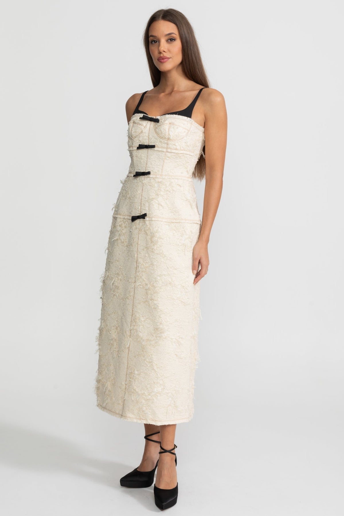 Anneliese Ivoire Textured Tweed Midi Dress With Contrast Straps and Bow Detailing
