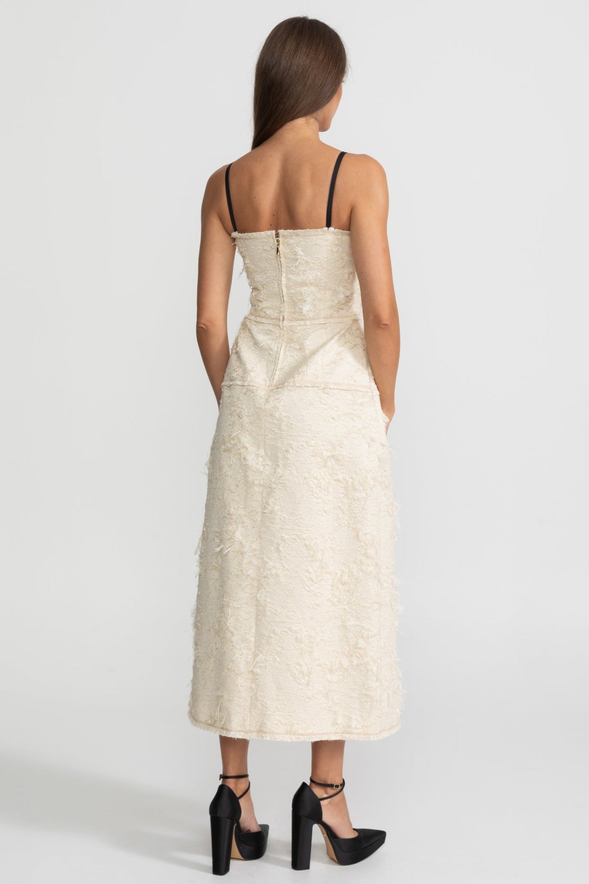 Anneliese Ivoire Textured Tweed Midi Dress With Contrast Straps and Bow Detailing