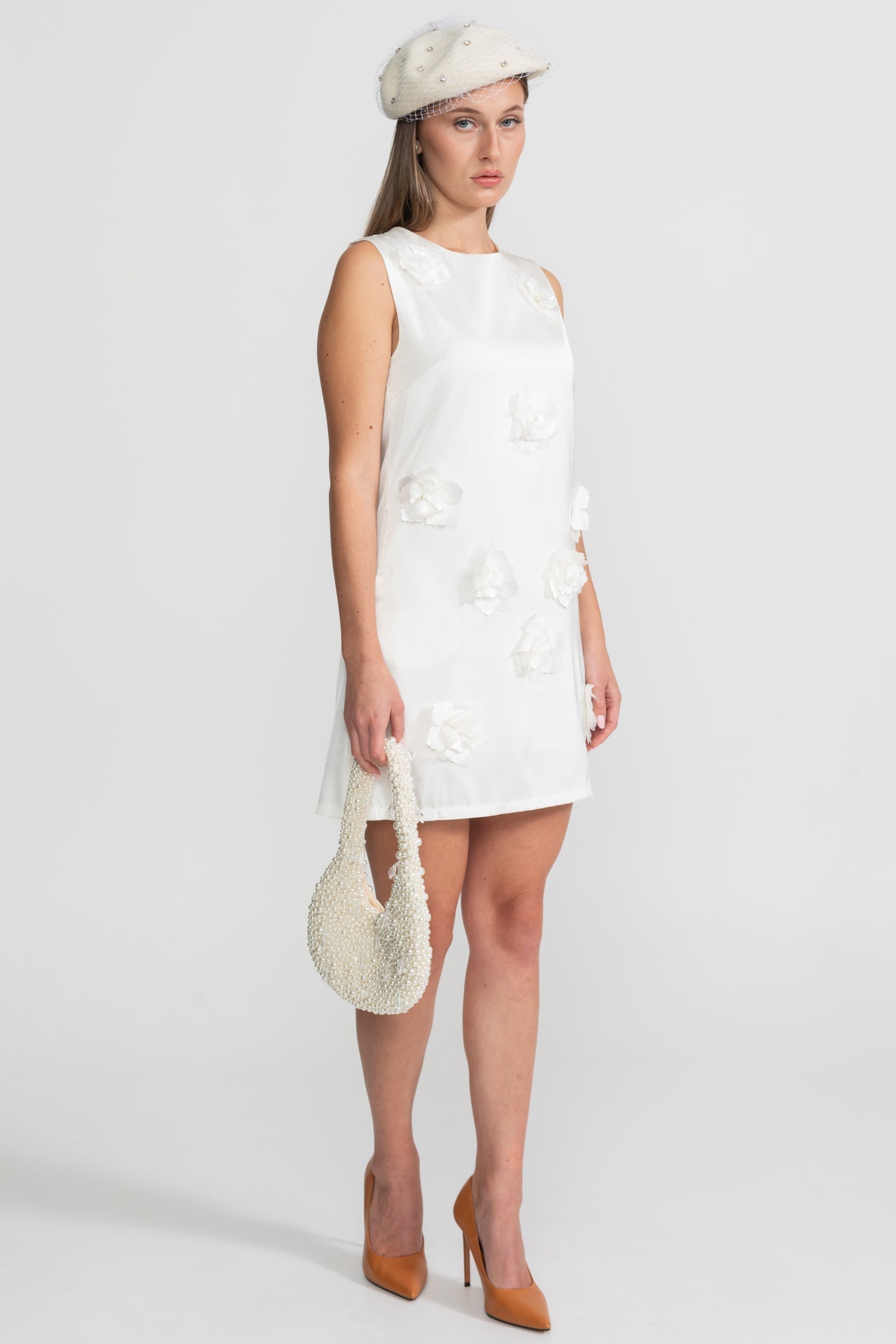 3D Floral Appliqué Mini Dress – White