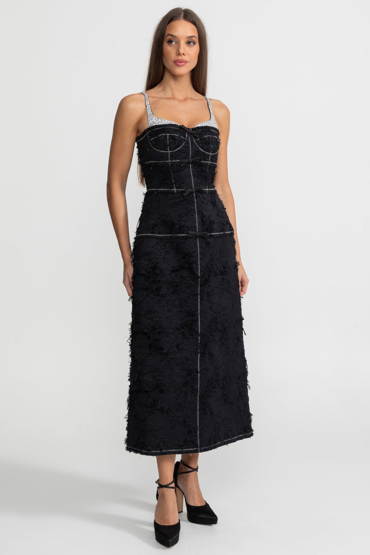 Anneliese Black Textured Tweed Midi Dress With Contrast Straps and Bow Detailing