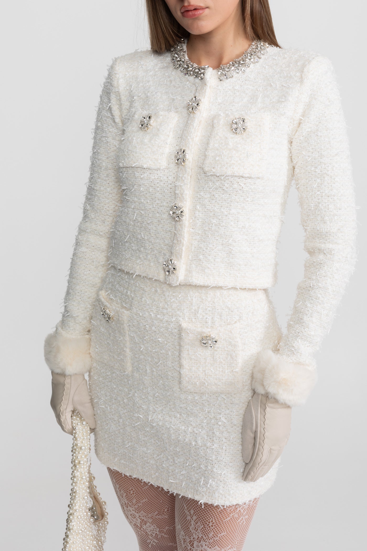 Tweed Blazer With Crystal Embellishments And Buttons - Ivoire