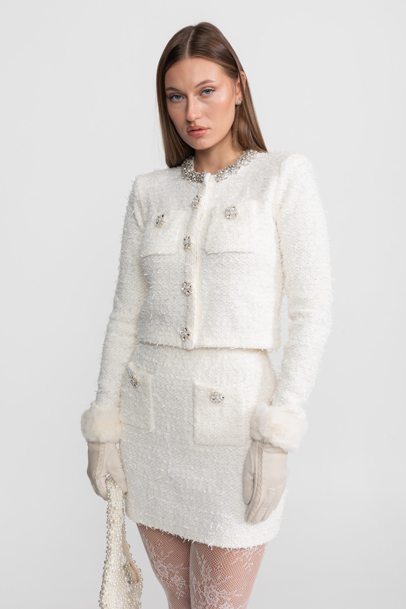 Tweed Blazer With Crystal Embellishments And Buttons - Ivoire