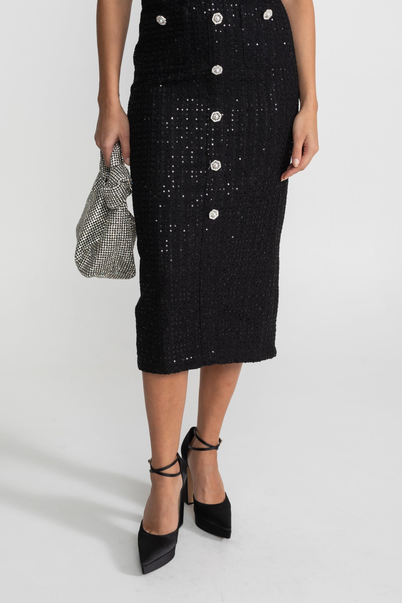 Sequin Midi Dress With Crystal Buttons and Lace Trim – Black