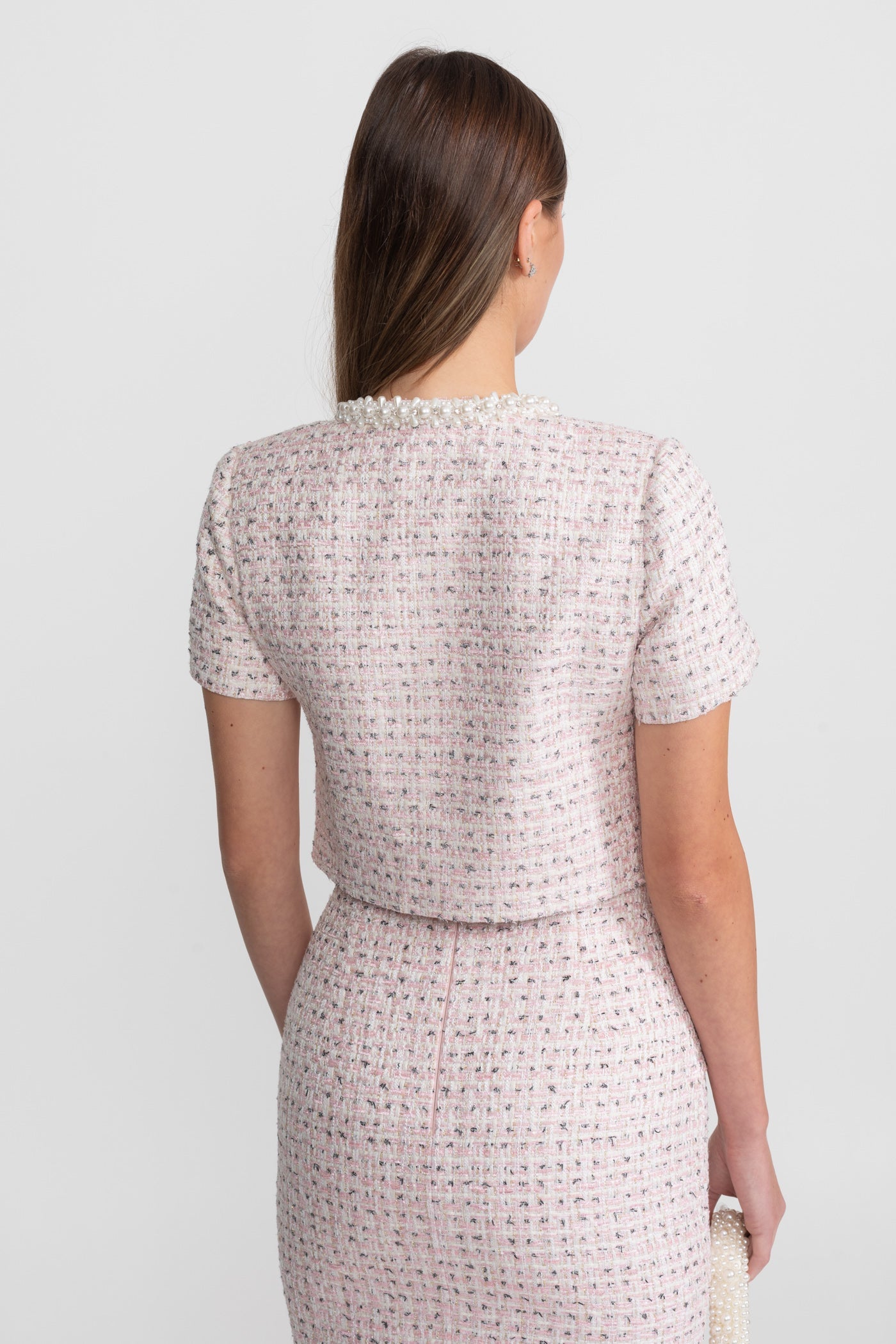 Short Sleeve Pearl-Embellished Top With Sparkling Buttons - Pink